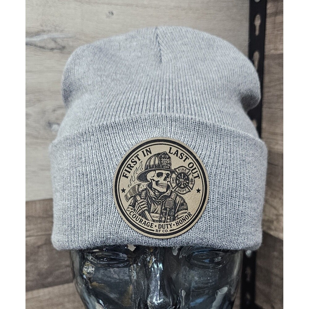 Firefighter Long Beanie Heather Grey Leather Patch Unisex Gray Outdoors Winter